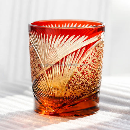 Japanese Style Edo Kiriko Color Drinking Glass 8oz Amber Red Crystal Whisky Glass Tumbler