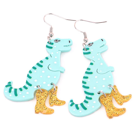 Personalized Cartoon Dinosaur Animal Print Acrylic Earrings Funny Hip Hop Dinosaur Gold Glitter Heel Boots Drop Earrings