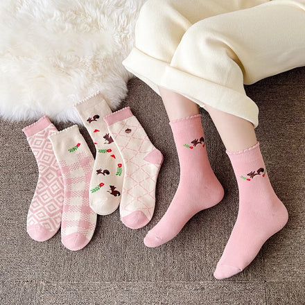 Wholesale Korean Cute Pink Socks Cotton Women Winter Thick Terry Crew Socks Set for Girls