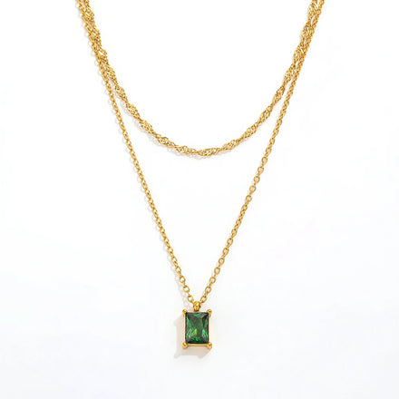 JOOLIM High End Stainless Steel Double-layer Rectangle Emerald Zirconia Pendant Necklace 18K Gold Plated Jewelry Wholesale