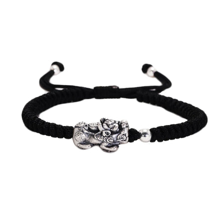 Sterling Silver 999 Pixiu Rope Braided Bracelet for Men and Women Vintage Adjustable Size Buddha Amulet Bracelet