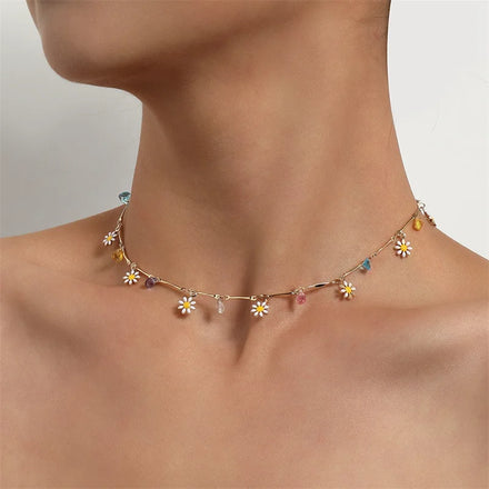Jewelry Colorful Small Gems Pipe Chain Stainless Steel Necklace Lady Simple Temperament Enamel Daisy Flower Collar