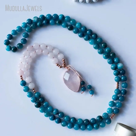 MN44294 Western Bohemian Vacation Jewelry Rose Quartz & Apatite 108 Mala Teardrop Pendant Necklace