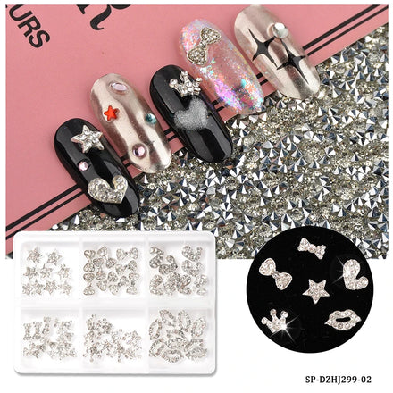 3D Alloy Nail Charms - 6 Grids Mixed Heart Crown Bow Flower Rhinestone Nail Art Decorations