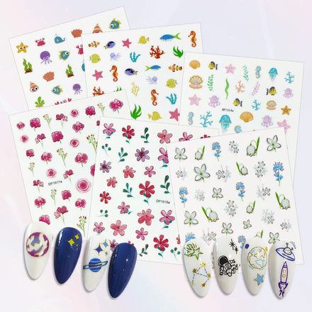 Custom OEM Nail Art Stickers Planet Ocean Flower Cartoon Nail Relief Stamping Stickers Wholesale Nail Decoration Decals Stickers