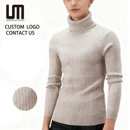 Custom Wholesale Men's Winter Fashion Warm Turtleneck Slim Pullover Sweater Solid Color New Product Knitted Sweater