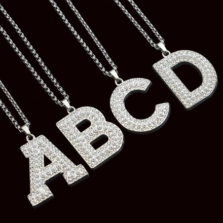 Fashion Hip Hop Rhinestone Pearl Large Letters Pendant Silver Jewelry Neutral Initial A-Z Necklace