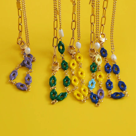 Trendy Gold Plated Oil Drop Enamel Craft Necklace Fancy Natural Pearl Chains Necklace