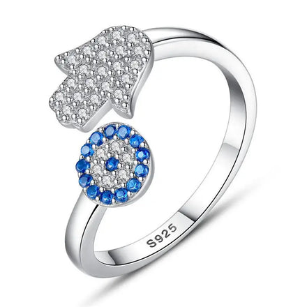 Zircon Creative Ring Silver Blue Eye Hamsa Hand Fatima Hand Adjustable Female Size Ring Wedding Jewel