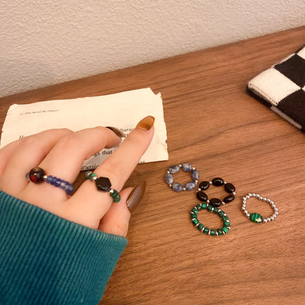 Hot Sale 3mm 4mm Natural Stone Ring Vintage Boho Elastic Cord Beaded Crystal Rings Black Stone Rings for Women Gift