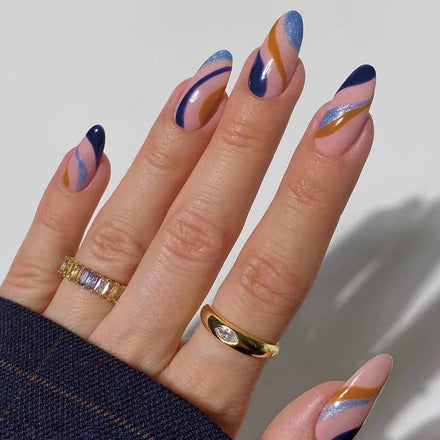 Wholesale Full Cover Short Almond Wave Soft Gel Nail Tip Press on Fake Nails with Glue Supplies for Professionals