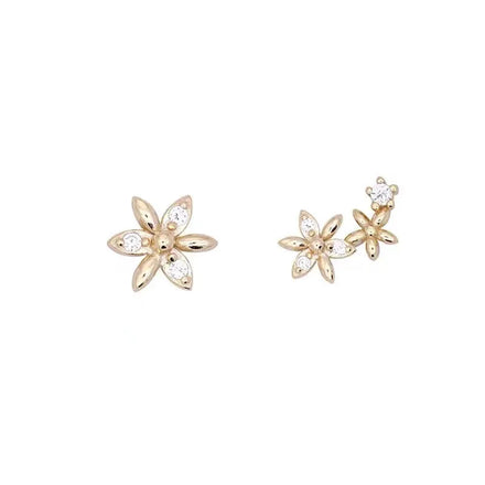 18K Gold Plated Pure 925 Sterling Silver Korean Fashion Zircon Mini Asymmetrical Flower Shaped Stud Earrings for Women Girls