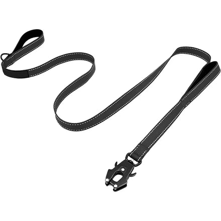 6ft Reflective Soft Padded Double Handle Auto Lock Frog Clip Nylon Training Dog Leash with Ribbons (Solid Pattern)