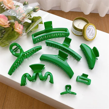 Korean New Style Plastic Green Hair Claw Clips Simple Solid Color Shiny Hair Claws for Women