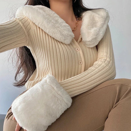 2023 Fall Winter Removable Rabbit Fur Collar Long Sleeve Screw Thread Knitting Short Cardigan Sweater for Women Clothing
