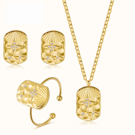 Stainless Steel Gold Plated Clavicle Chain Square Necklace Diamond Hammer Wrinkle Pattern Pendant Earrings Bracelet