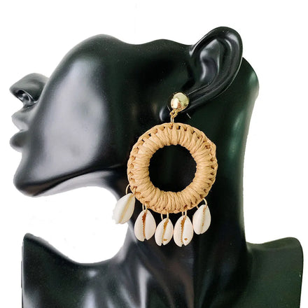 New Korea Handmade Straw Braid Drop Earrings Bohemian Geometric Pearl Shell Flower Rattan Woven Earring for Women