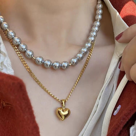 Fashion 18K Gold Plated Stainless Steel Choker Necklace Jewelry Heart Pendant Layered Freshwater Pearl Chain Necklace for Women