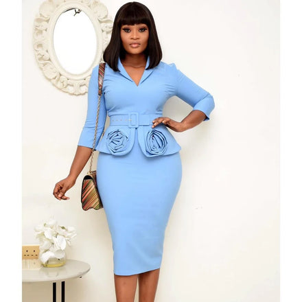 New Autumn Winter Rose V Neck Plus Size Office Career Dresses Women Female Pencil Wrap Dress
