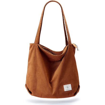 Women's Casual Portable Corduroy Tote Handbag with Zipper Big Capacity Shoulder Bag Featuring Pockets for Summer Autumn Seasons