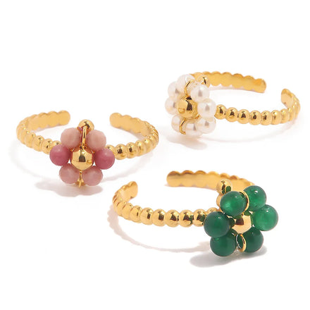 Women Dainty Jewelry Green Sunflower Natural Stone Pearl 18k Gold Plated Stainless Steel Adjustable Rings