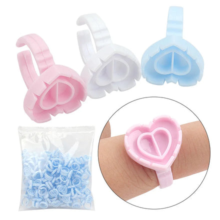 Hot Sale Disposable Plastic Lash Extension Glue Rings in Blue/Pink/White Heart Flower Shape Hotsale Volume Glue Ring Holder