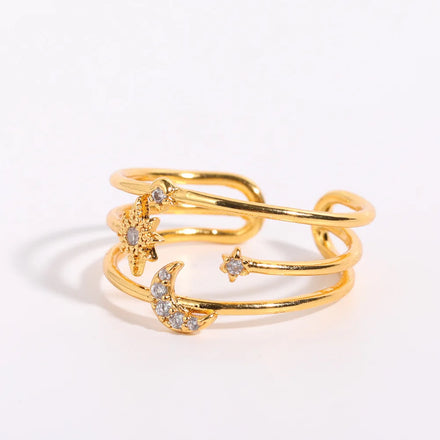 New Gold Plated Three Layer Ring Elegant Open Crescent Star Celestial Ring Cluster Ring for Women Girls Jewelry Gifts