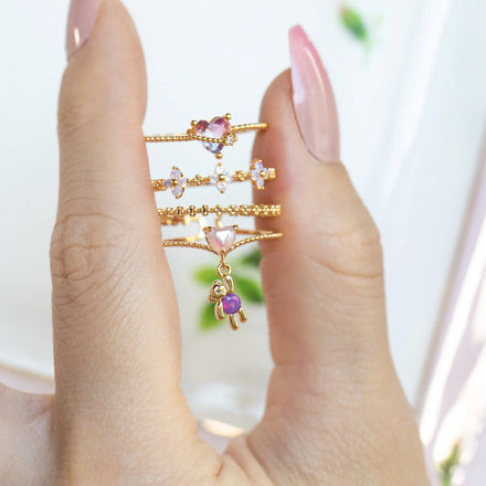 ZUOLA Fashion Jewelry Women Pink Bear Love Star Flower Hand Ring Set Brass Zircon 18k Gold Small Cute Girl Adjustable Open Ring