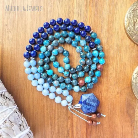 MN44288 Deep Ocean Lapis Lazuli Apatite 108 Mala Faceted Blue Crystal Pendant Yoga Meditation Jewelry for Goal Setting