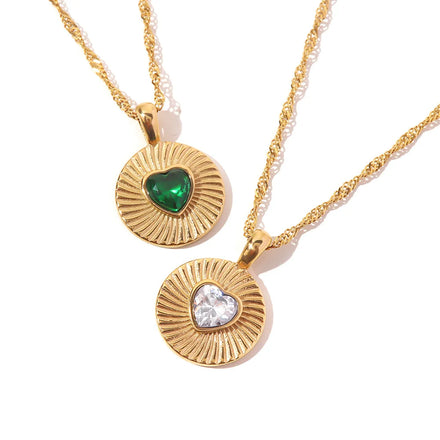 Wholesale Fashion Style Sunburst Heart Zircon Necklace Stainless Steel Jewelry Paved Emerald Zircon Heart Pendant Necklace