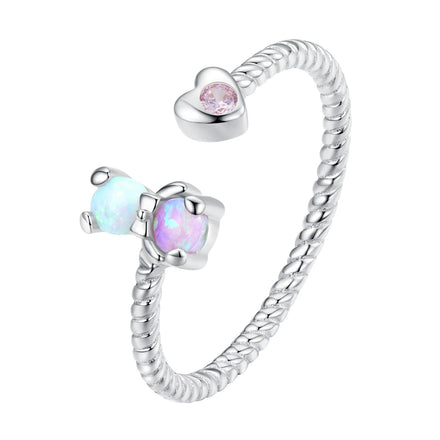 Factory 925 Sterling Silver Opal Adjustable Rings for Women Rainbow Bear Twisted Opening Ring Girl Birthday Gift SCR885