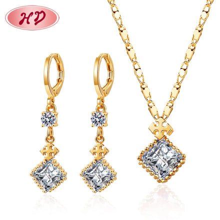 square Stone Cubic Zirconia Classy Dainty Design Cz Necklace Jewelry Sets with Long Drop Earring Conjunto Joyas Mujer
