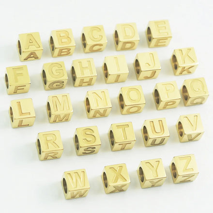 Stereoscopic Perforated Bead Bracelet Jewelry Silver Gold 7x7mm Stainless Steel Beads Four-sided 26 Letters Beads