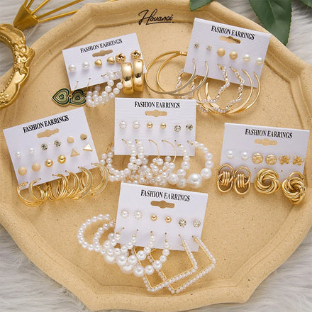 HOVANCI Hollow Geometric C-shaped Pearl Metal Twist Earring Jewelry Gold Plated Hoop Earrings Set for Women