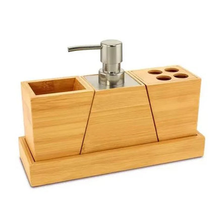4pcs Bamboo Dispenser Set Bathroom Soap Dispensers Bathroom Accessories Set with Toothbrush Holder