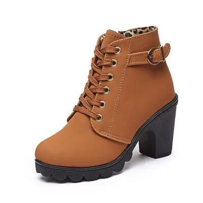 Winter Spring Short Boot Ankle Women Boots Lace-up Ladies High Heel Women Shoes Vintage Female Thick square Heel Boots