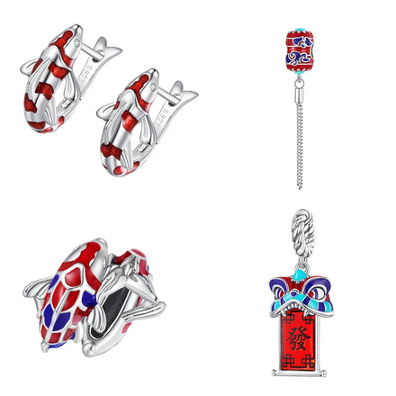 925 Sterling Silver Koi Fish Lucky Charm Bead Zircon Micro Inlay Rhodium Plated Chinese New Year Feng Shui DIY Bracelet Pendant