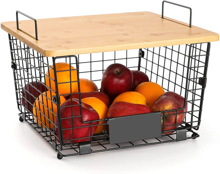 Industrial Black Wholesale Iron Metal Kitchen Fruit Storage Wire Basket Bamboo Wood Lid Metal Wire Basket for Storage