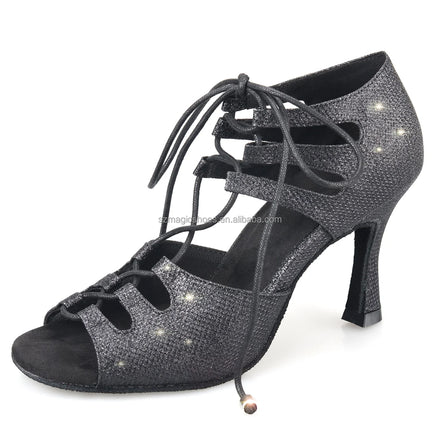Wedopus Lace-up Black Dance Sandal with Glitter Customized Heel