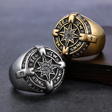 Stainless Steel Vintage Scandinavia Viking Compass Crystal Zircons Ring Retro Punk Biker Pirate Compass Polaris Star Ring Man