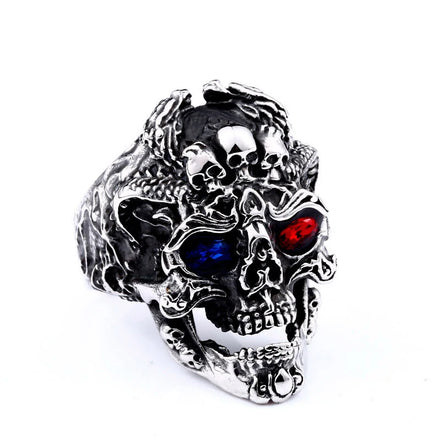OAHLAN Wholesale Fashion Jewelry Punk Vintage Style Skull Red Blue Gemstone Inlay Titanium Stainless Steel Rings for Men