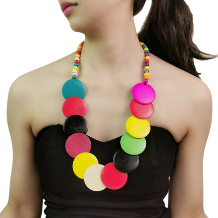 HANSIDON Retro Ethnic Handmade Wood Long Necklace Statement Bohemian Shell Circle Pendant Necklace African Summer Jewelry