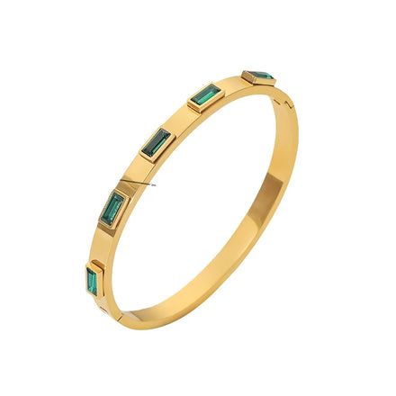 18k Gold Plated White Cubic Zirconia Bezel Setting Stainless Steel High Polishing Bangles for Women Jewelry