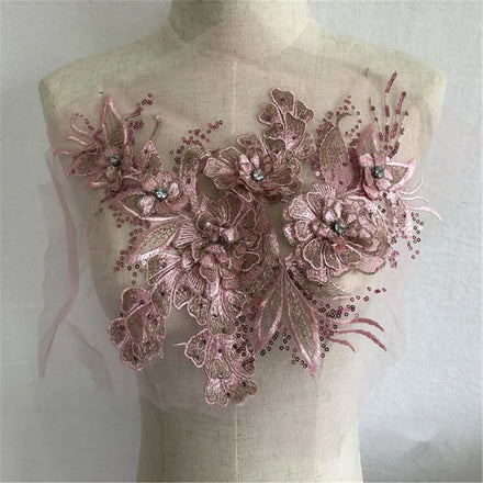 Sequins Flower Embroidery Applique Beaded Bridal Collar Neckline Lace Tulle Trim Wedding Decor
