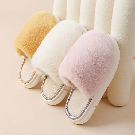 MIO Winter Indoor Soft Plush Furry Fur Cozy Slippers for Couple Fluffy Cute Warm Plush Thick Sole Home Slides Slippers Non-slip