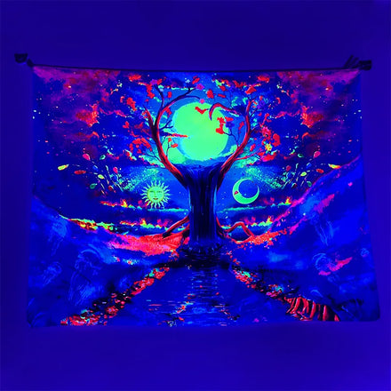 Custom UV Reactive Psychedelic Mushroom Mandala Design Woven Cotton/Polyester Night Glowing Hippie Art Black Light Wall Tapestry
