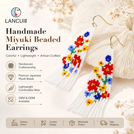 Cute Simple Bohemian Jewelry Women Tassel Glass Miyuki White Beaded Flower Earrings