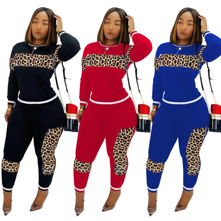 Fashion S-3XL Women Autumn Leopard Patchwork Long Sleeve Full Length Jogger Suit Two-Piece Set Top Quick Dry Anti-Pilling