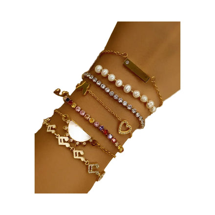 Loftily Minimalist Gold Plated Stainless Steel Tennis Chain Exquisite Zirconia Diamond Bracelets with Pearl Couple's Jewelry