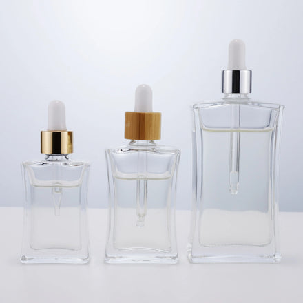 Transparent Glass Serum Hair Oil Dropper Bottle Flat Clear Essential Oil Bottles 30ml 50ml 100ml